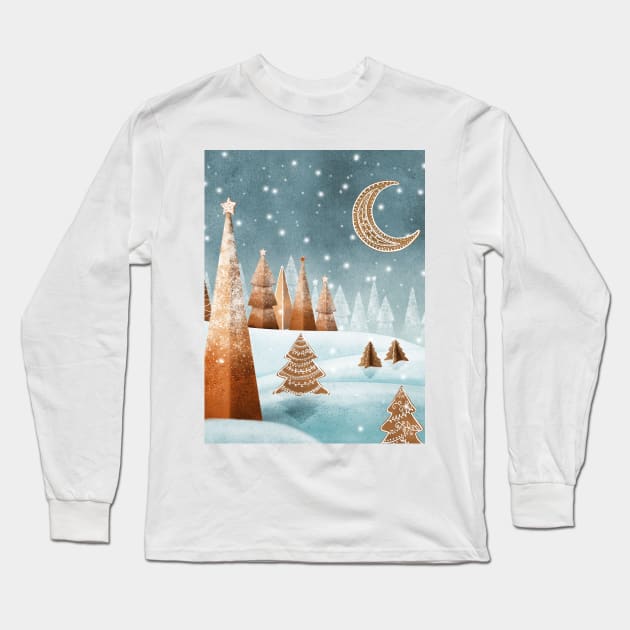 Gingerbread trees snow landscape watercolor illustration. Winter candy world fantasy print. Cookies spruce trees and moon. Sweet Christmas decorations Long Sleeve T-Shirt by likapix